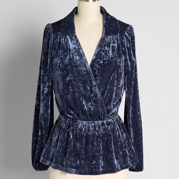 Modcloth Tops - ModCloth Velvet Blue Top size Large L Peak of Chic blouse shirt women’s